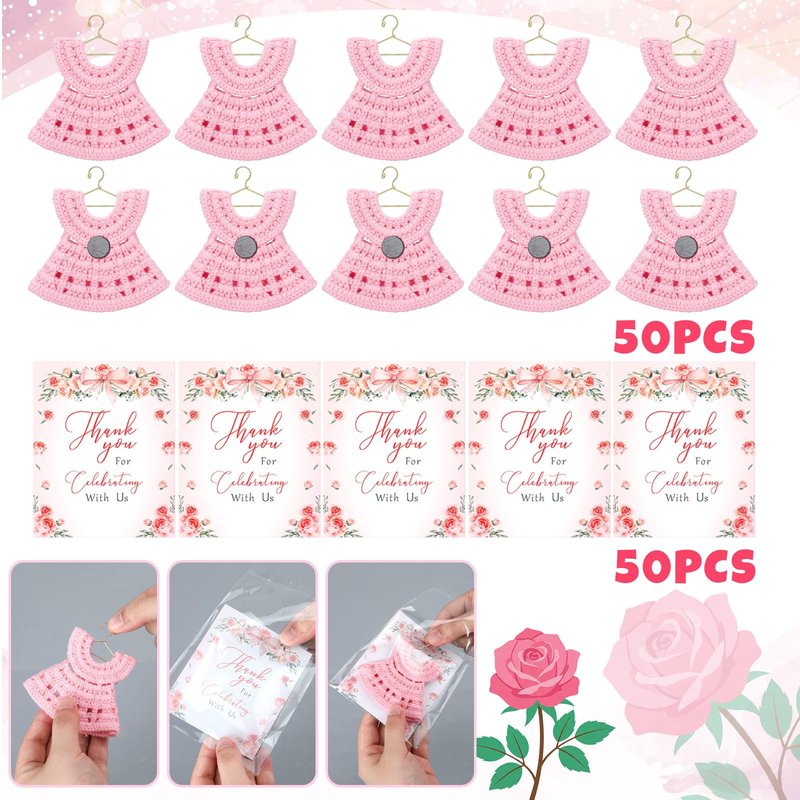 Novabright 50 Pcs Baby Shower Party Favors for Guests Miniature Crochet Dress Magnets with Cards Baby Shower Gifts, Newborn Favors, Thank You Welcome Gifts for Gender Reveal Baptism Party