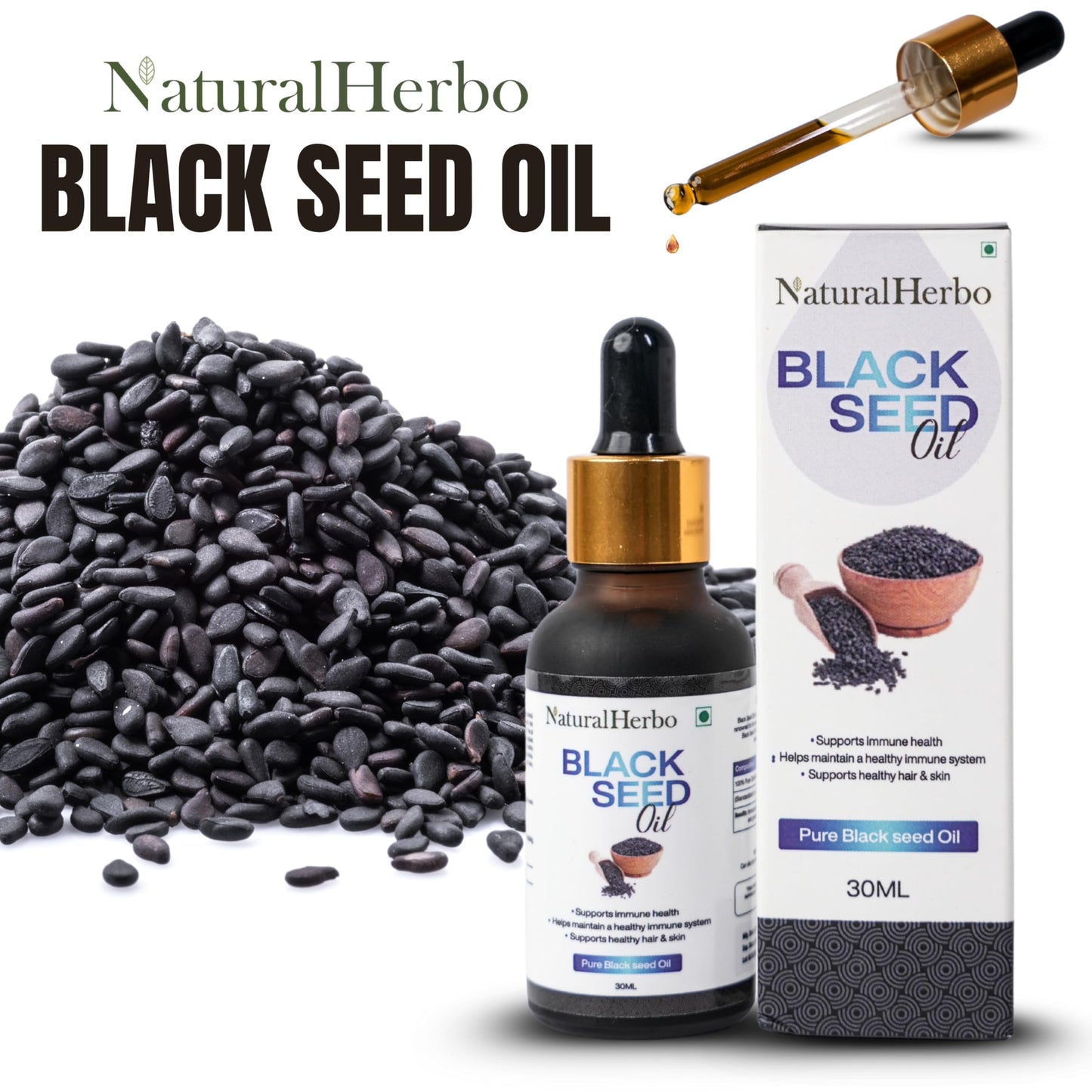 NaturalHerbo Pure Black Seed Oil for Skin, Hair and Scalp | Cold Pressed Nigella Sativa 30ml Herbal Oil for Hairs | Support Immune Health | Non-GMO Natural Supplement for Joints, Skin and Hairs