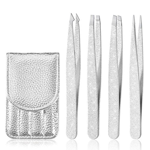 Amytor Eyebrow Tweezer Set, 4 Pcs Professional Stainless Steel Tweezers for Women, Precision Tweezer for Facial Hair, Splinter and Ingrown Hair Removal（Bright silver）