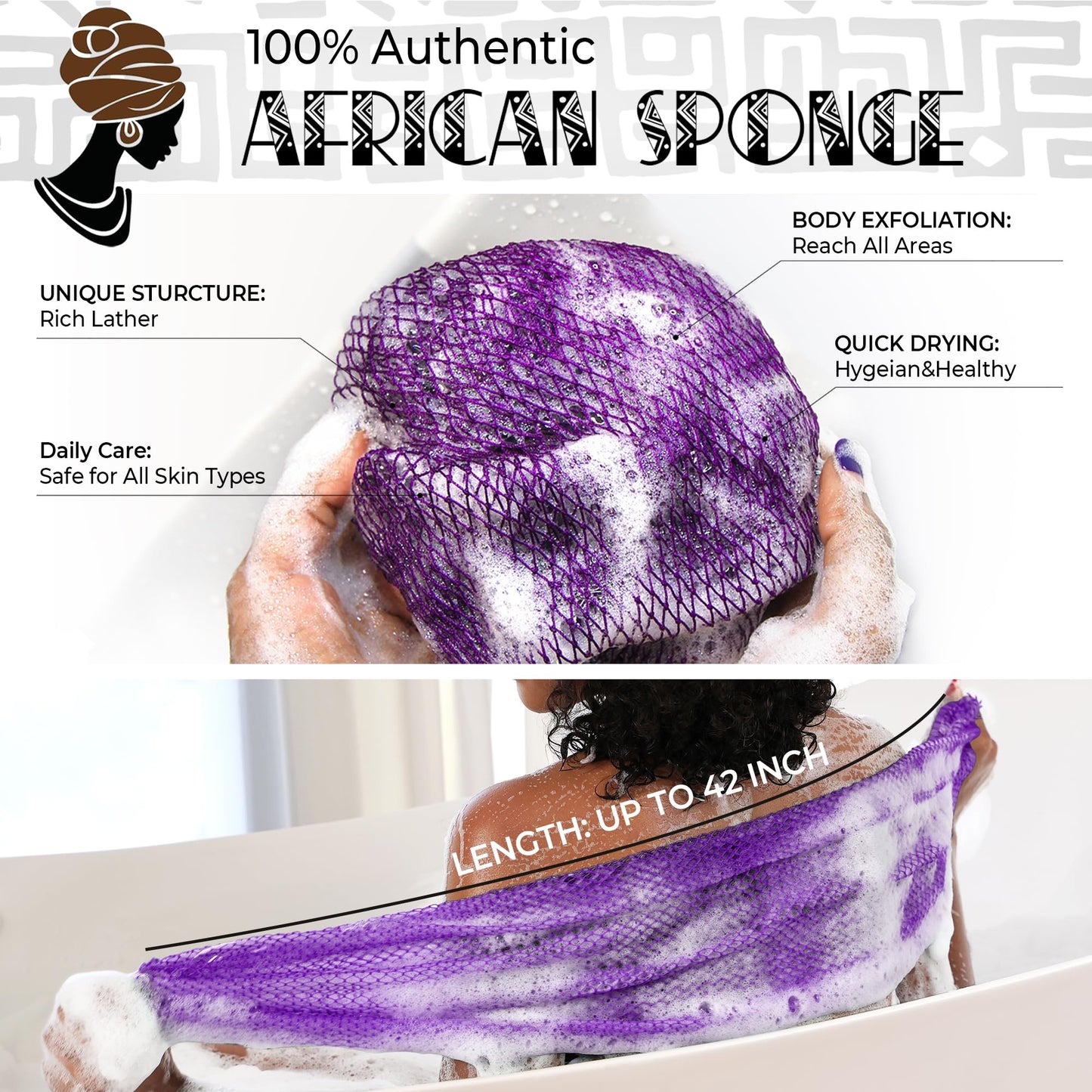 African Net Sponge Authentic - 2 Pieces Exfoliating Body Scrubber Bath Sponge - Loofah Washcloth Back Scrub for Shower Body Exfoliator - Face & Skin Care Bathroom Essentials for Women