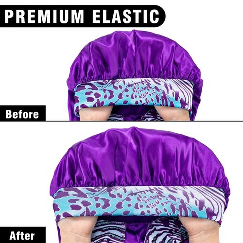 2Pack Bonnets for Black Women Braid Bonnet, Large Long Bonnet Satin Bonnet for Braids,Black Women Silk Bonnet with Stretchy Tie Band Braid Bonnet for Sleeping Extra Long (Black & Purple Pattern)
