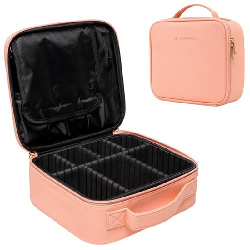 (Not Made In China) Travel Makeup Train Case, Make Up Box, Cosmetic Storage Organizer For Professional Beauty Artist W/Adjustable Dividers For Jewelry, Nail Polish and Brushes (Pink, Small)