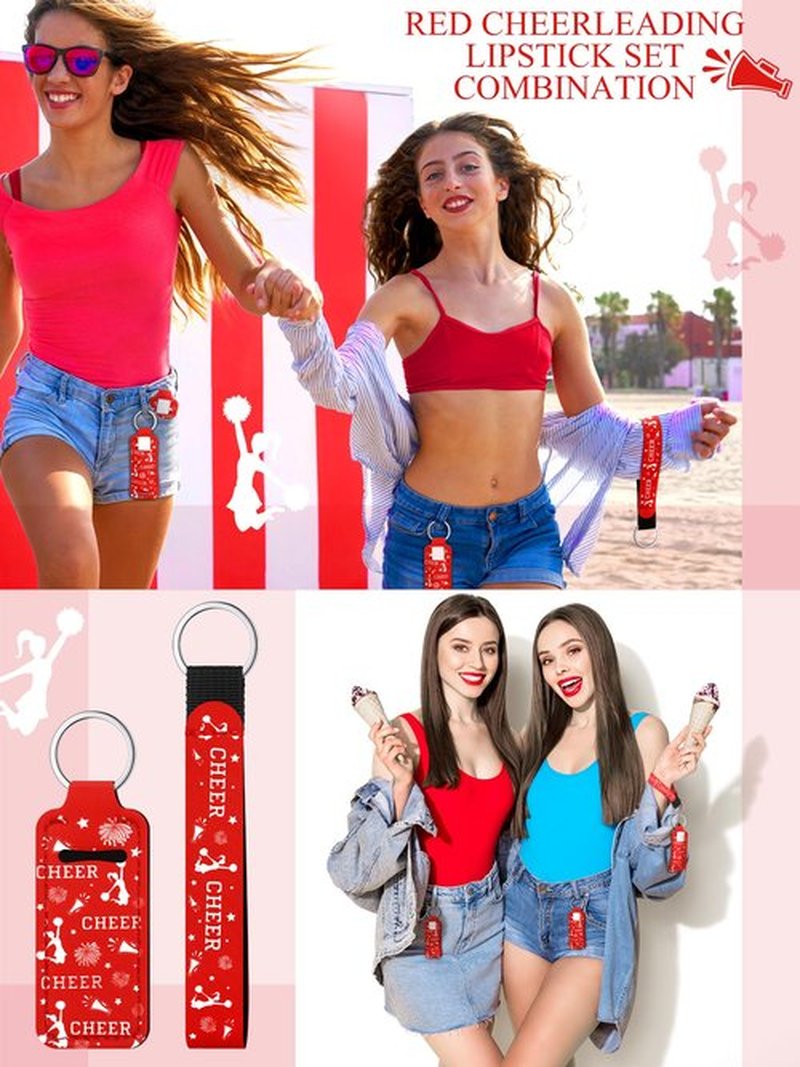 MotiMind 24 Pcs Cheer Lipstick Holder Keychains Lanyard Set Cheer Teams Gifts Cheerleaders Party Favors Cheer Theme Portable Lipstick Holder and Lanyard for Competitive Cheer Party Supplies(Red)