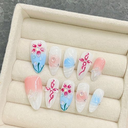 Wsliana Handmade Press On Nails - Medium Length Almond Shape, 3D Embossed Design, White and Pink, 10pcs Glue On Acrylic Fake Nails with Storage Box | Salon Quality | Trendy Nail Kit (073 S)