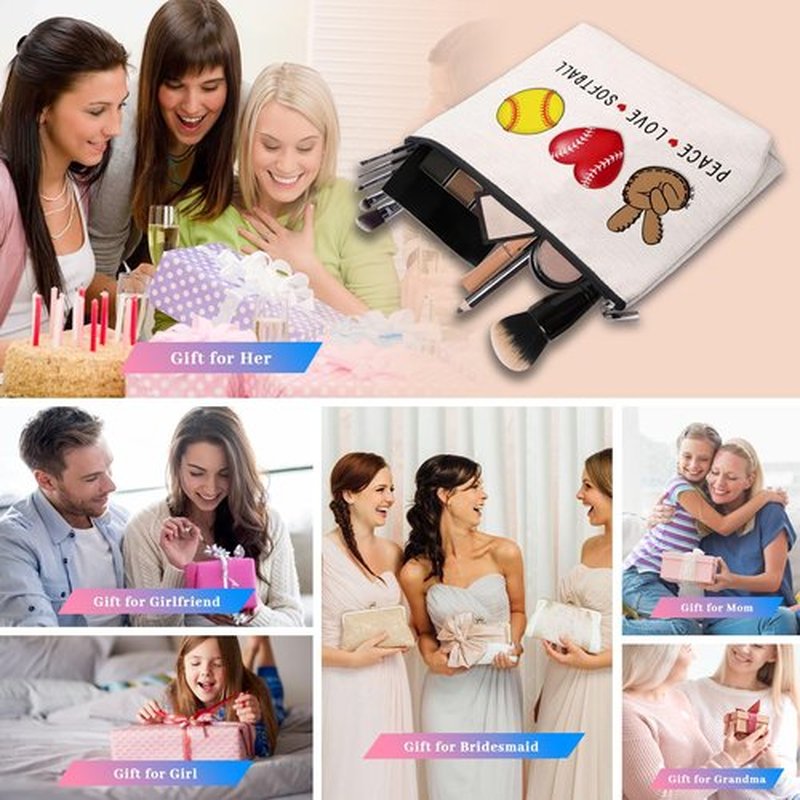 CEASQVAA Softball Gifts Makeup Cosmetic Bag for Women, Birthday Gifts for Softball Lovers Players Fans Female Friend, Softball Gifts for Team Coach Women