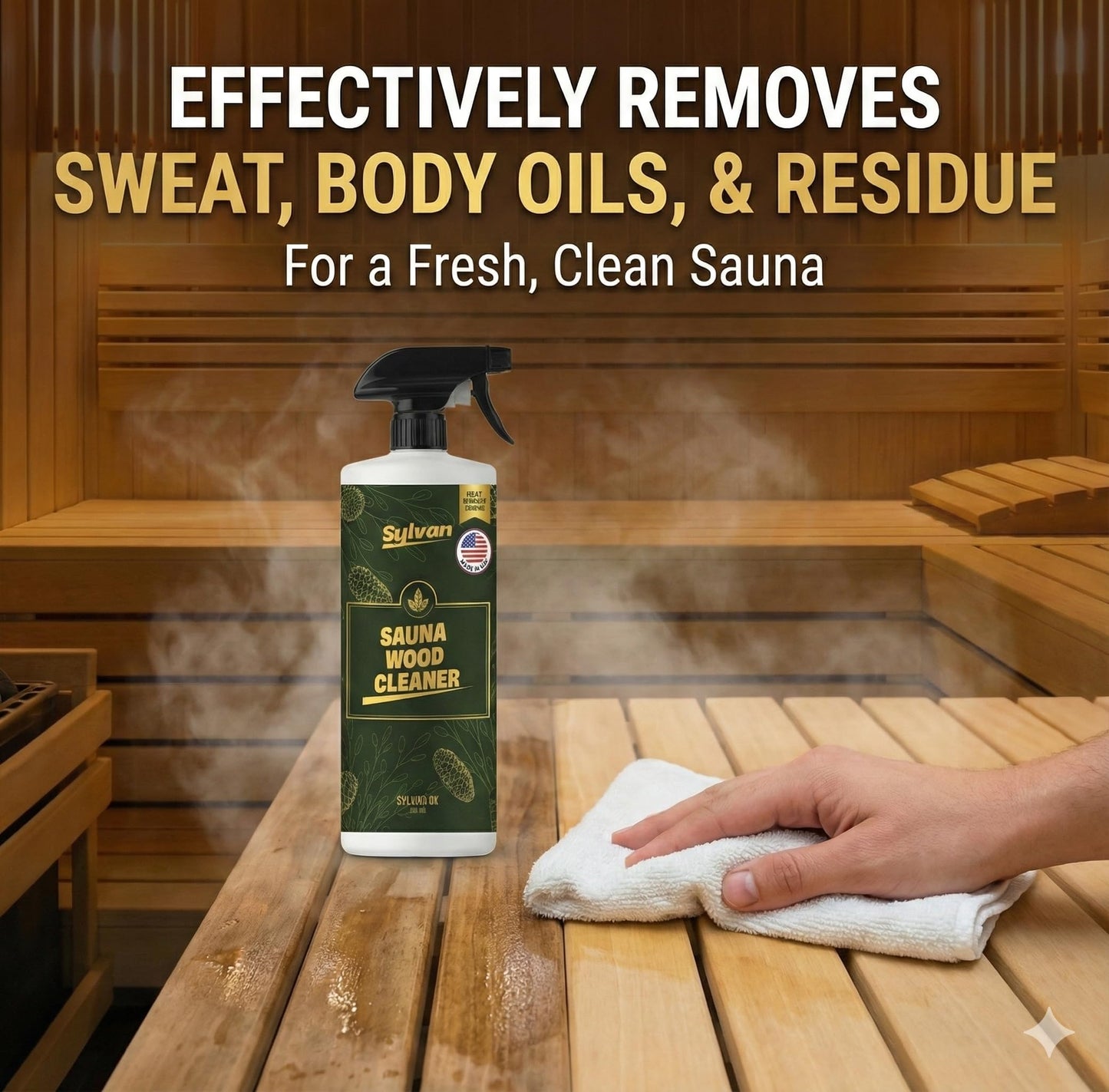 Sylvan Hills Sauna Wood Cleaner 32 oz | Made in the USA | Sauna Spray removes Stains, Sweat & Odors | Fast-Drying & Streak-Free Formula | Natural Wood Cleaner | Long Lasting | Hemlock, Pine, Cedar