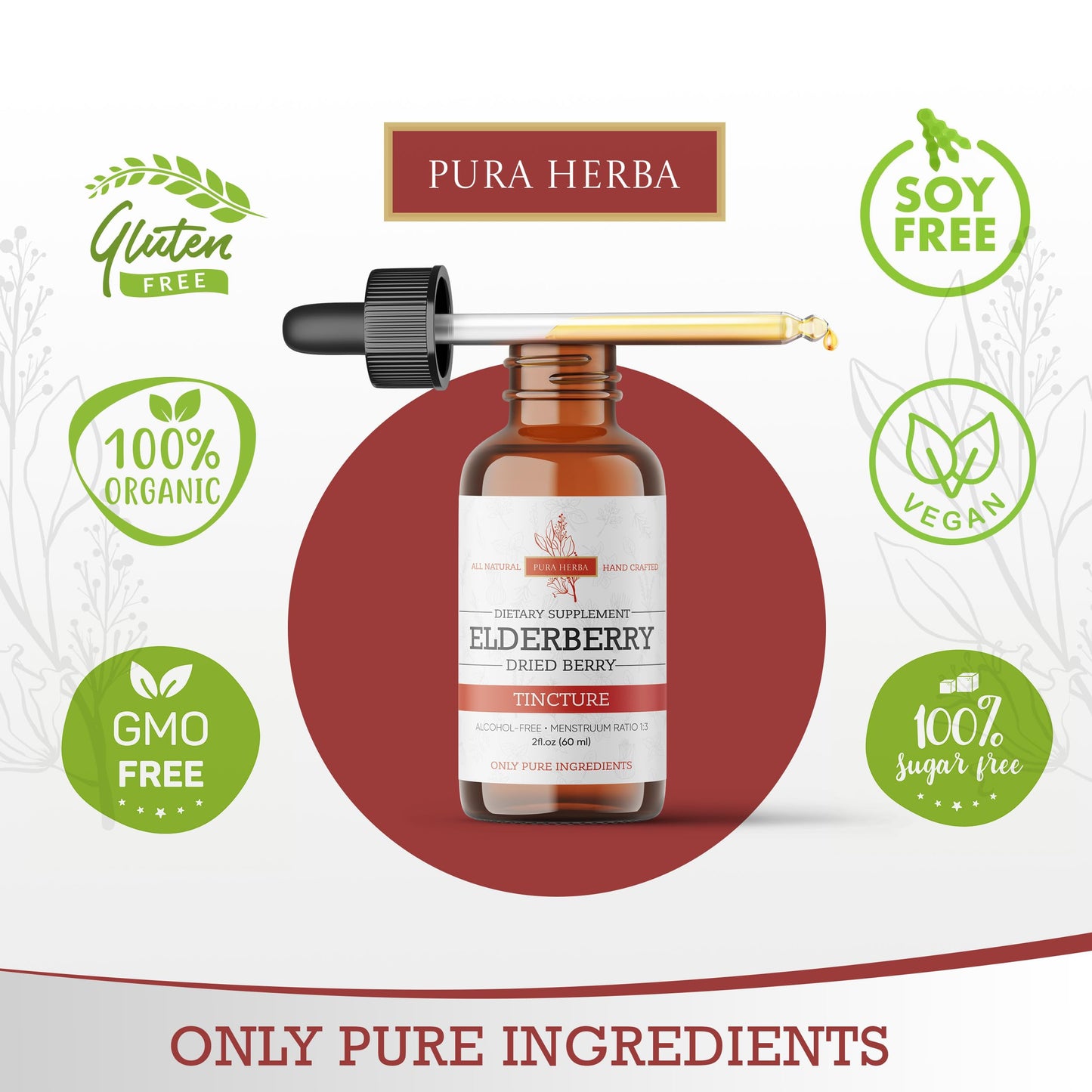 Pura Herba Elderberry Tincture – Organic Elderberry Extract Liquid Drops – Sambucus Herbal Supplement – Immune Support – Elderflower & Elderberry Blend – Alcohol-Free, 2 fl oz