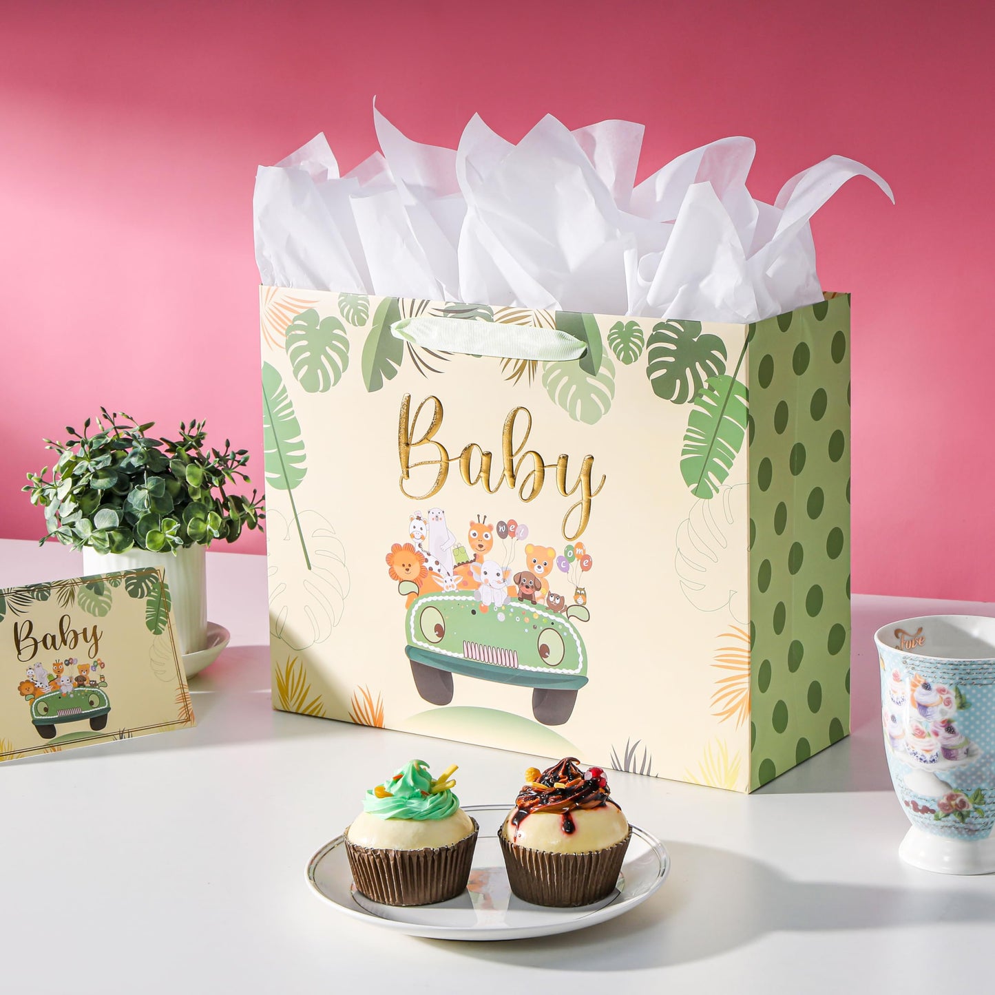 Bobobag 13" Sage green Gift Bag for Baby shower,Newborn gift bag with Tissue Paper and Greeting Card.