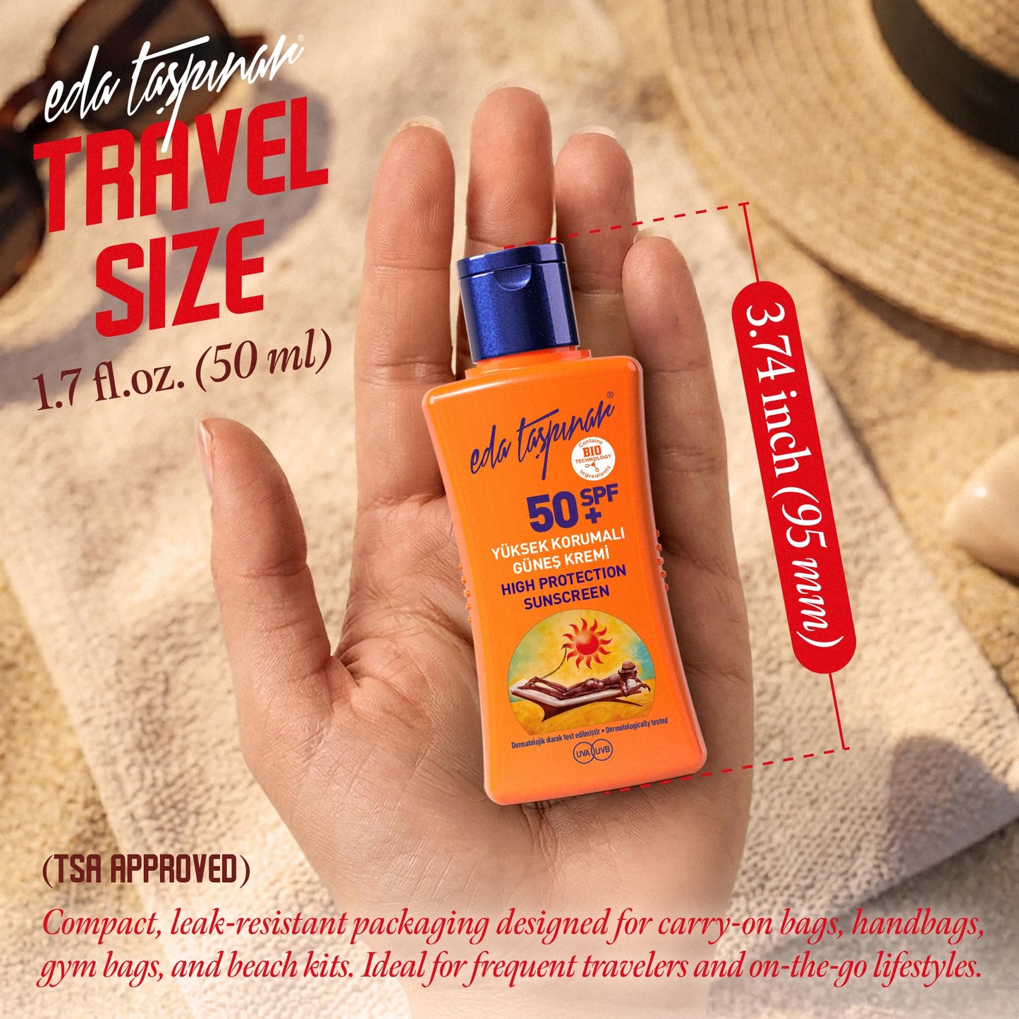 Eda Taspinar Travel Size SPF 50+ Sunscreen Lotion | Broad Spectrum UVA/UVB Face & Body Sunscreen | Moisturizing Vitamin E Formula for Sensitive Skin | Sun Tan Lotion | (50 ml/1.7 fl oz) 2 Pack