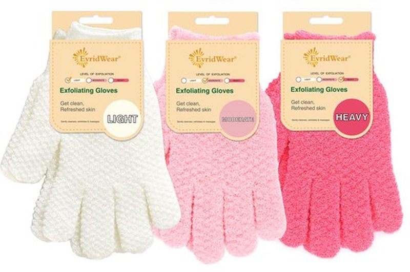 Evridwear Exfoliating Gloves for Shower, 100% Nylon Thick Soft Medium Heavy Bathing Gloves Dead Skin Remover Body Scrubber Smooth Skin with Hang Loop, 3 Pairs