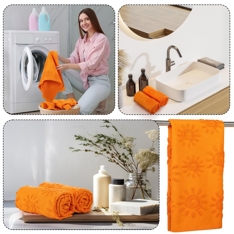 SmoothNovelty 2 Pcs Boho Hand Towels Orange Yellow Towels for Bathroom Sunshine Cotton Absorbent Jacquard Weave 3D Sun Kitchen Decor for Gift Christmas Drying Cleaning Cooking(Orange)