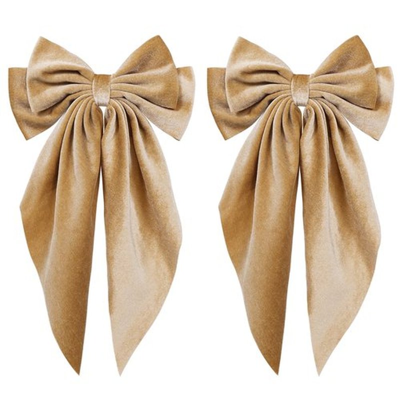 2pc Velvet Khaki Ribbon Hair Bows with Long Tail For Women Girls Oversized Bow-Knot French Hair Barrette Clips Clamp Fall Winter Early Spring Ponytail Holder Decorative Accessories