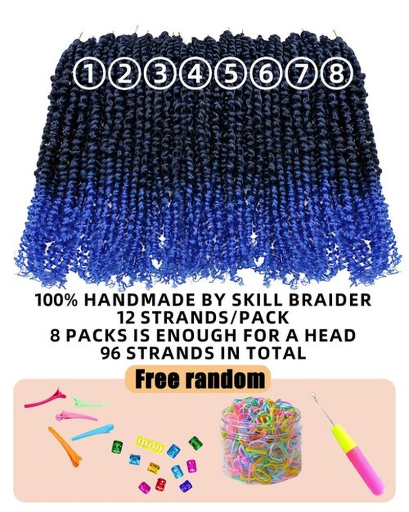 hahoness 14 Inch 8 Packs Pre Looped Passion Twist Crochet Hair for Black Women and Kids-Ombre Blue, Super Soft Bouncy Synthetic Braided Hair Extensions(14 Inch-8 Packs,T1B/Blue)