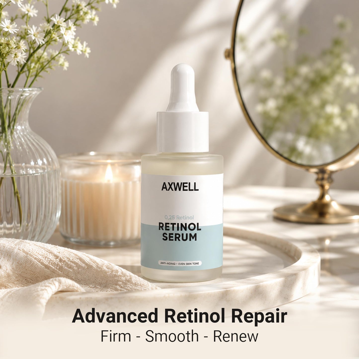 Axwell Retinol 0.25% Face Serum - Anti-Aging Night Renewal with Hexapeptide-8, Hyaluronic Acid & Shea Butter for Fine Lines, Wrinkles, Pores & Smoother Skin - Gentle Formula (1 fl oz)