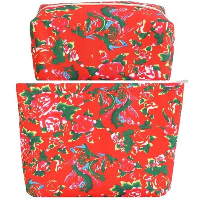 LYDZTION 2PCS Red Floral Makeup Bag Cotton Cosmetic Bag for Women,Large Red Embroidery Makeup Bag with Zipper Portable Pouch Travel Toiletry Bags Makeup Brush Organizer Storage Bag for Women