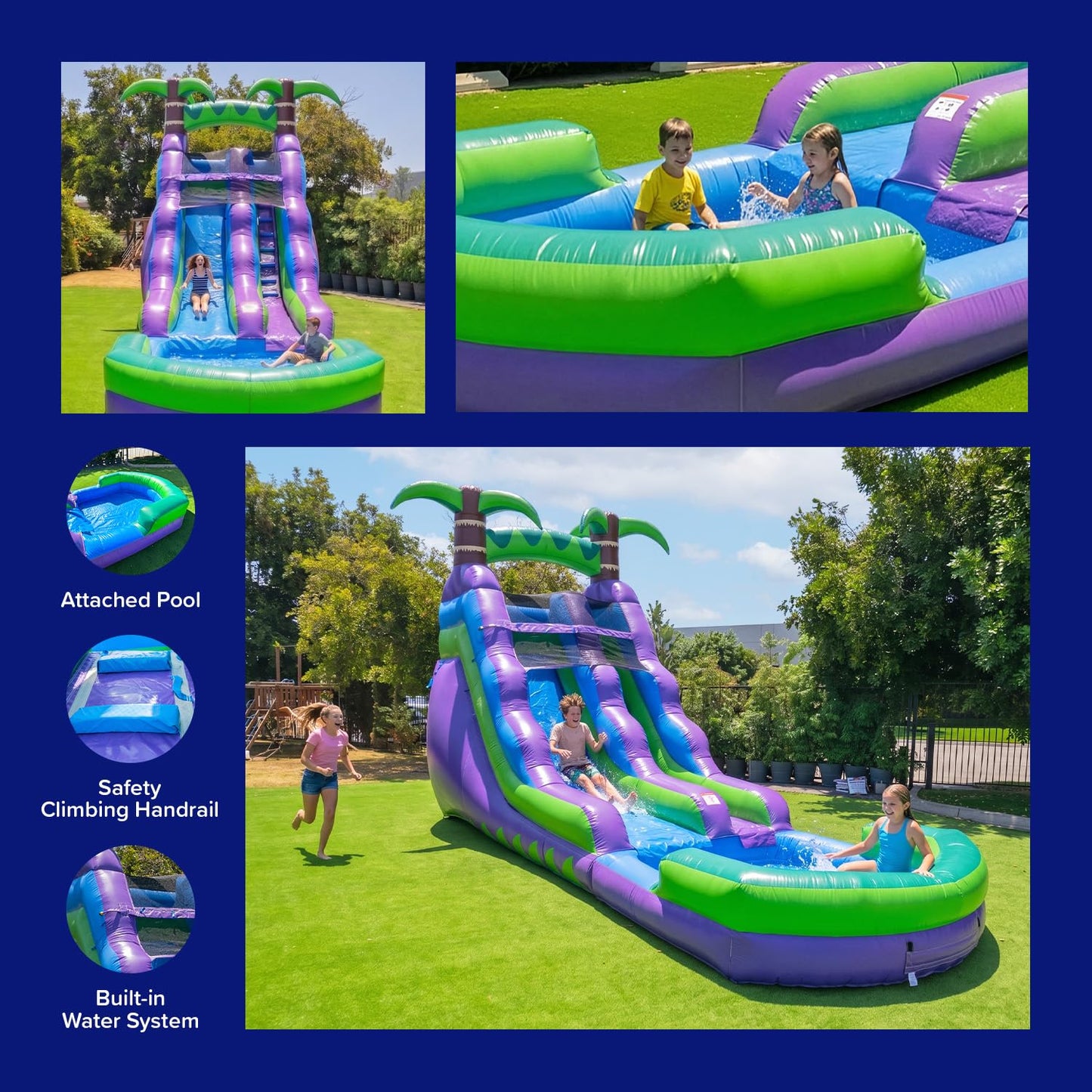 HeroKiddo 16ft Tropical Inflatable Water Slide with Pool, 25ft Long- 100% Commercial Grade PVC Vinyl, Reinforced Strength Wet/Dry Fun, Front Load Entry for Easy Supervision