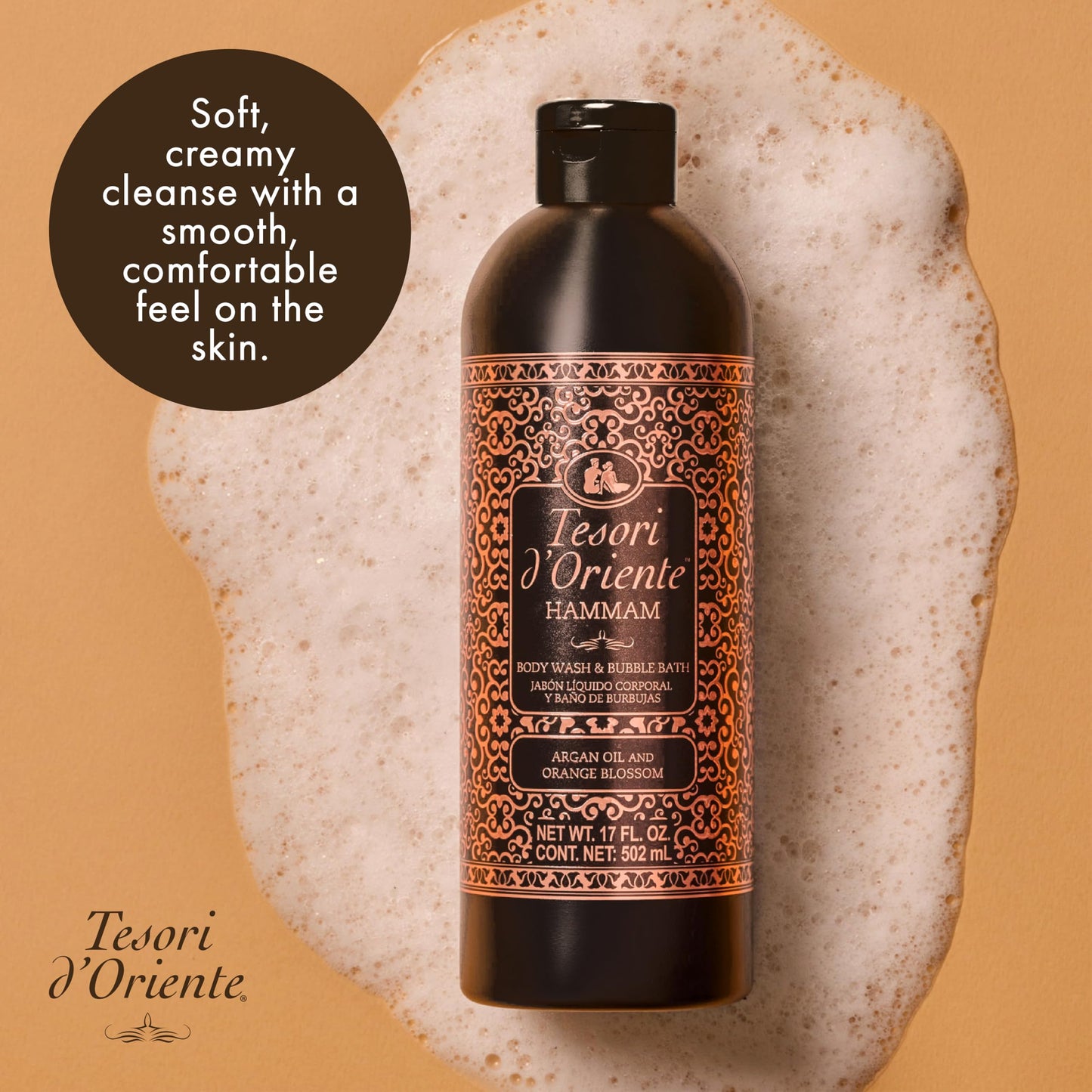 Tesori d’Oriente Hammam Body Wash & Bubble Bath, 17.5 fl oz, Gentle, Hydrating Shower Gel with Argan Oil & Vitamin E, Warm Orange Blossom Scented, No Silicones, Parabens & Mineral Oil