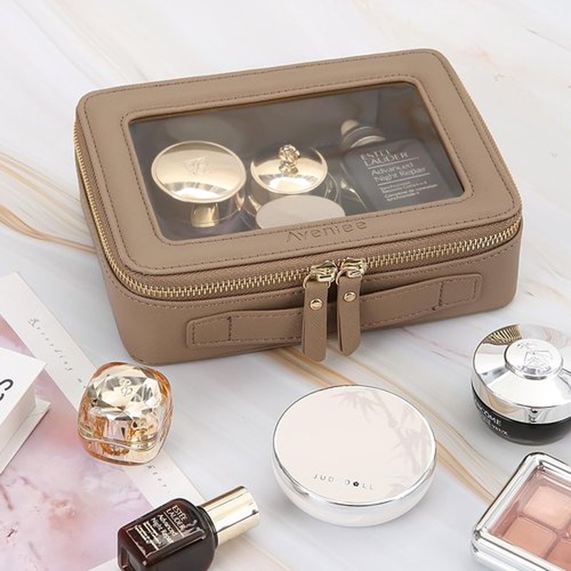 Aveniee Clear Makeup Bag for Women, Clear Cosmetic Case Travel Toiletry Bag, Heavy Duty Make up Bag Organizer with Clear Windows & Gold Zippers(Taupe)