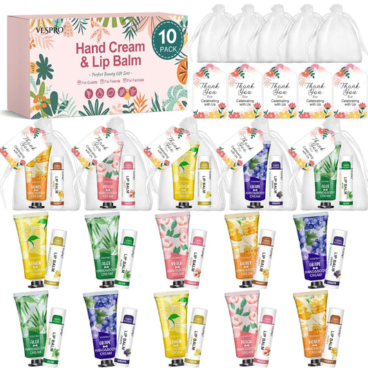 Hand Cream and Lip Balm Set - 10 Pack Gift Set for Moms, Teachers, Nurses | Includes Thank You Cards & Organza Bags