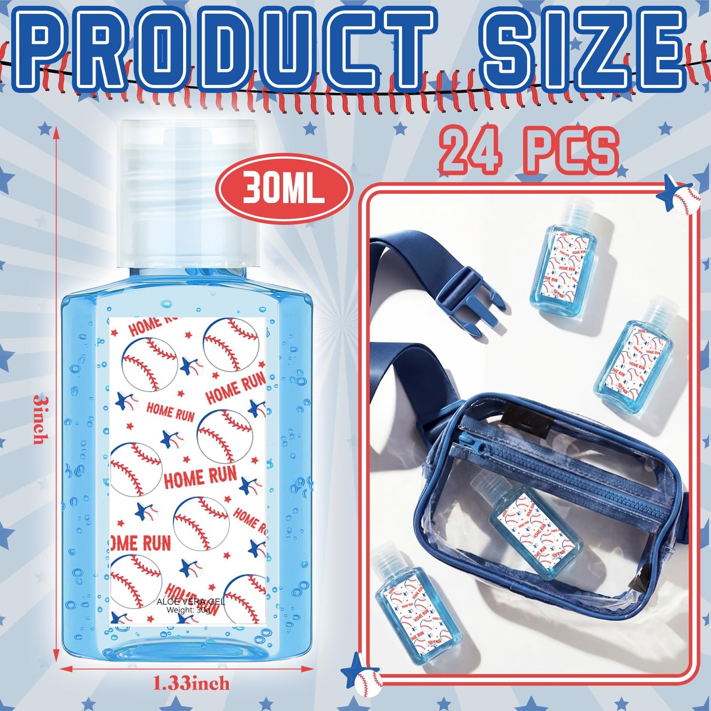Demissle 24 Pcs Baseball Party Favor Aloe Vera Gel for Aftersun Care 1 oz Baseball Pattern Flip Cover Travel Size Aloe Vera Gel Bulk Mint Aroma Sports Keepsake for Outdoor Sport Summer Body Care Stuff
