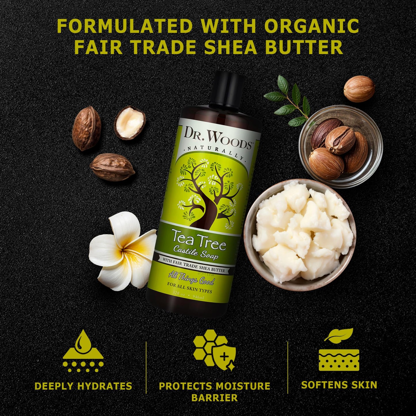 Dr. Woods Tea Tree Liquid Castile Soap - Castile Soap with Pure Tea Tree Oil, Body Wash for Men and Women, Organic Shea Butter, Natural Cleaner for Face, Hands, and Body - 32 Fl Oz, Pack of 2