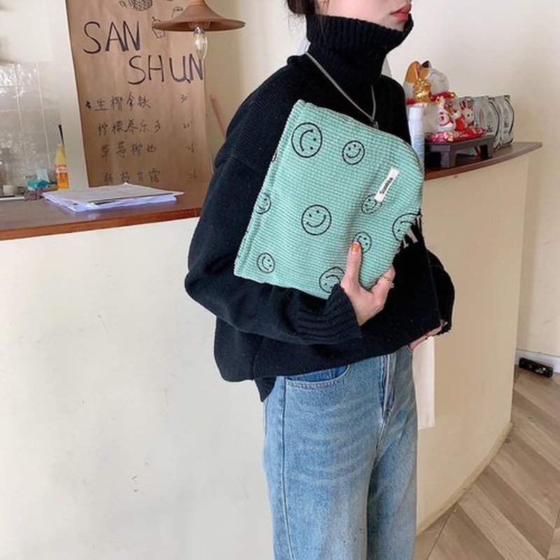Cosmetic Bags for Women - Corduroy Cosmetic Bag Aesthetic Women Handbags Purses Smile Dots Makeup Organizer Storage Makeup Bag Girls Case Bags (Green)