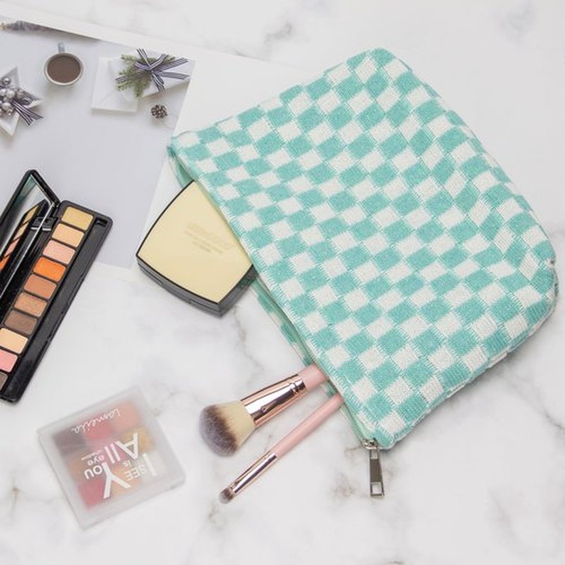PAZIMIIK Knitted Checkered Makeup Bag Large Zipper Make Up Accessory Pouch for Purse Cosmetic Brush Bag for Travel Essential Arctic Blue
