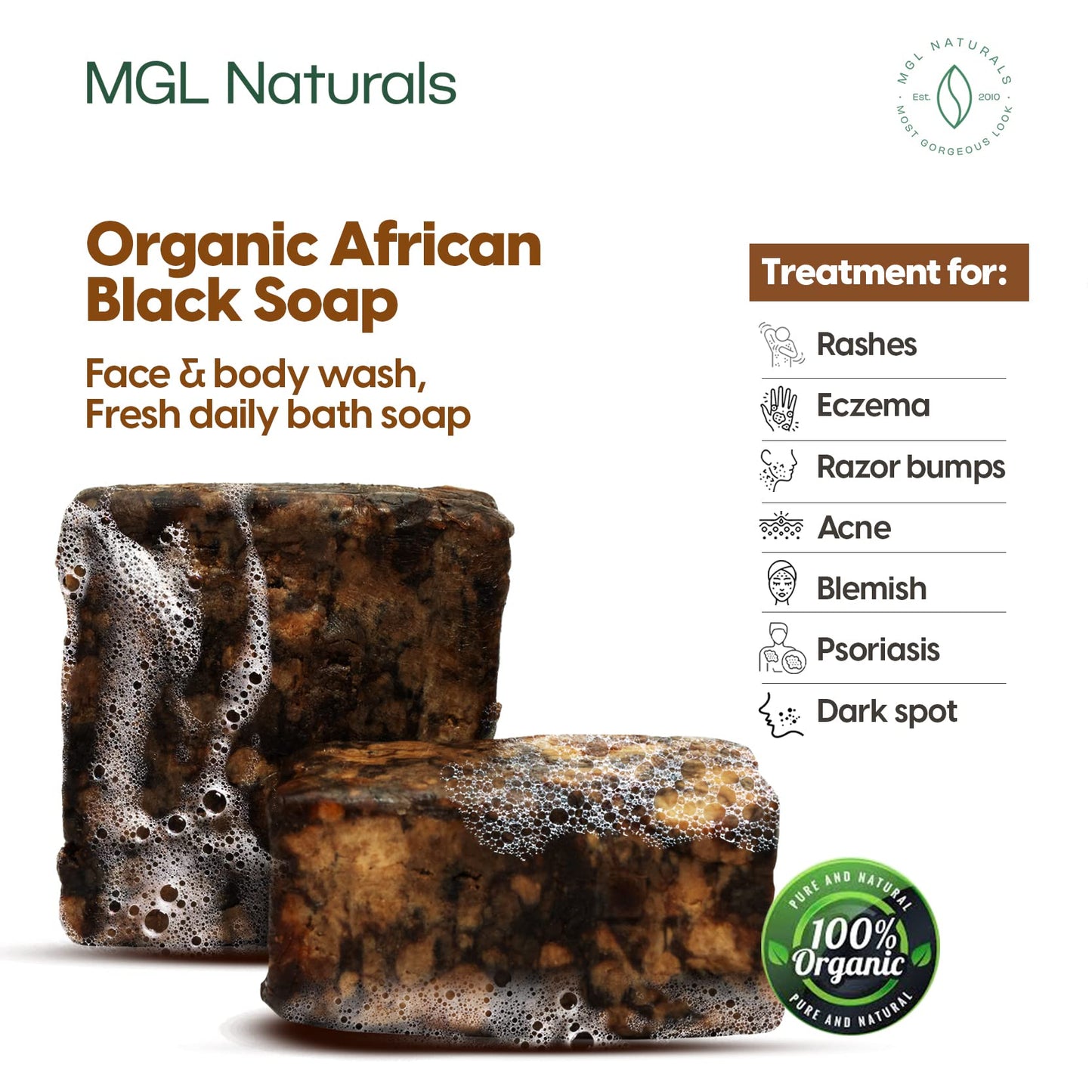 MGL Naturals Raw African Black Soap 2.2 lb from Ghana, Africa | Vegan & Organic | Face and body deep cleanse wash. (2.2 lb | 1 kg | 36 oz)