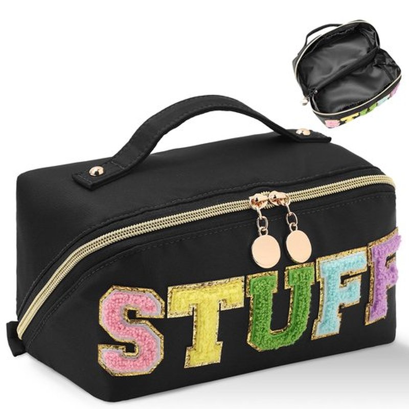 LONEDREAM Stoney Clover Preppy Makeup Bag, Large Capacity Travel Cosmetic Bag, Chenille Letter Open Flat Nylon Stuff Makeup Bag, Preppy Patch Better Belt Everything Makeup Bag, Black