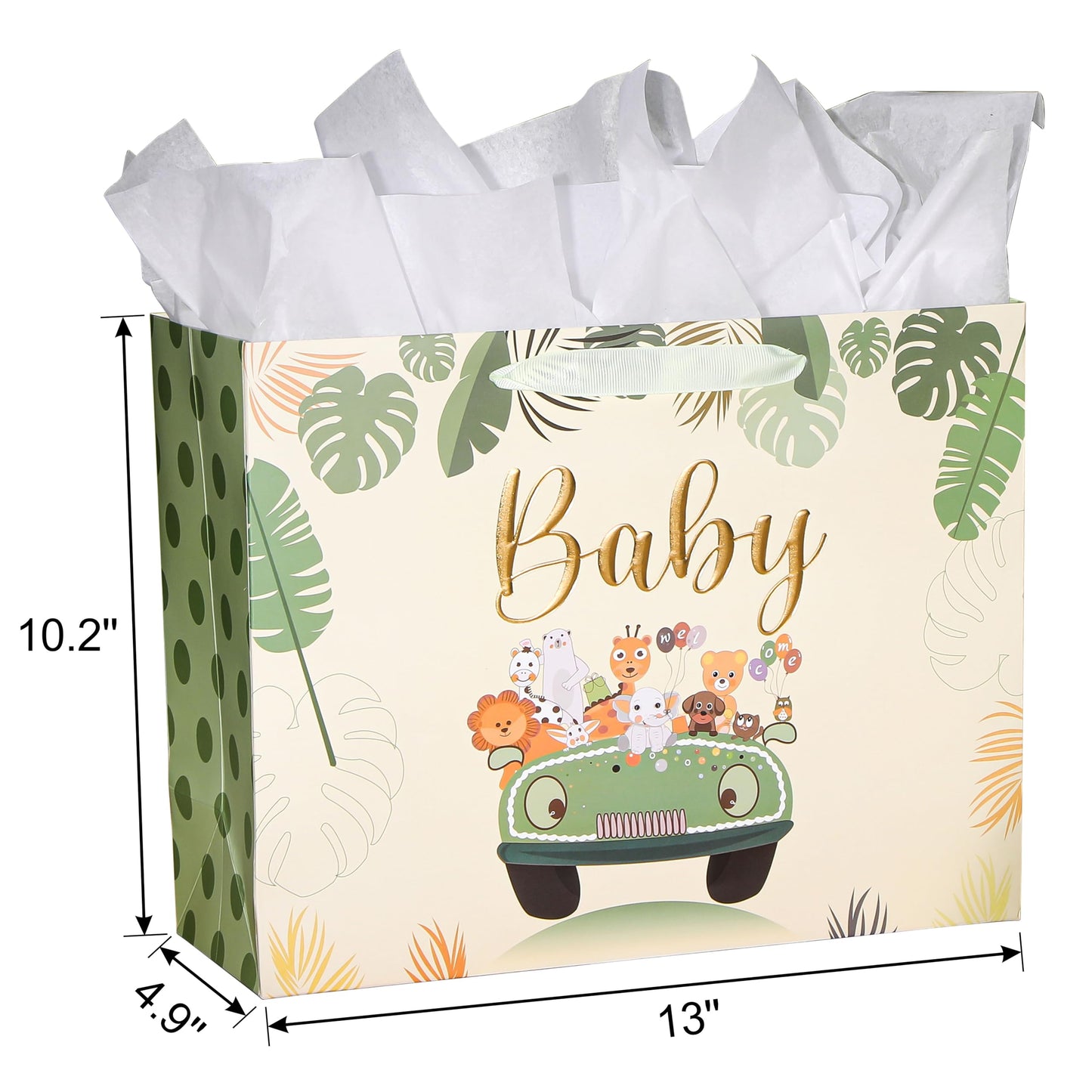 Bobobag 13" Sage green Gift Bag for Baby shower,Newborn gift bag with Tissue Paper and Greeting Card.