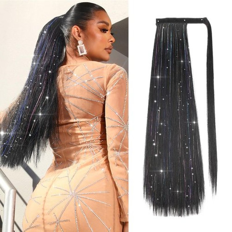 WIGER Long Straight Ponytails Tinselled Straight Hair Extension Wrap Around 26 Inch Black Synthetic Clip-in Hairpiece with Tinsel for Women