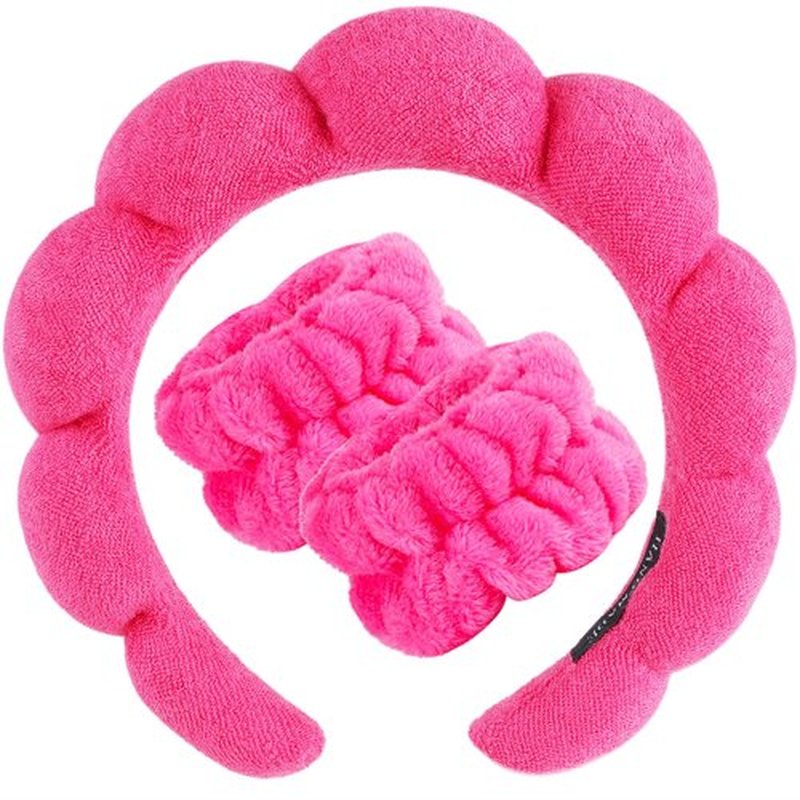 Zkptops Spa Headband for Washing Face Wristband Set Sponge Makeup Skincare Terry Cloth Bubble Soft Get Ready Hairband for Women Girl Puffy Padded Headwear Non Slip Thick Hair Accessory(Hot Pink)