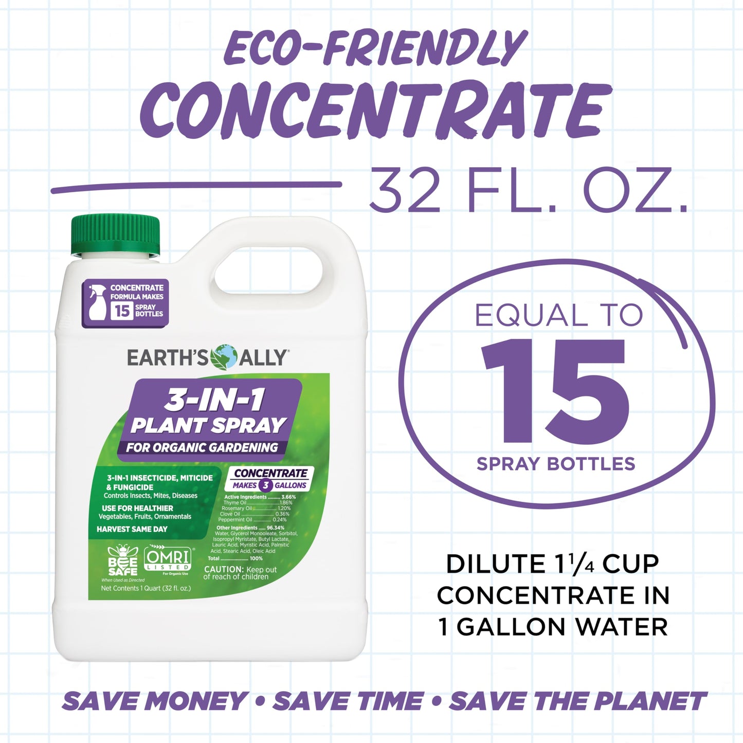 Earth's Ally 3-in-1 Insecticide, Miticide, Fungicide for Plants - Copper Fungicide & Neem Oil Spray Alternative - Insect Repellent & Pest Control for Indoor Outdoor Organic Gardening - 32 Oz Conc.