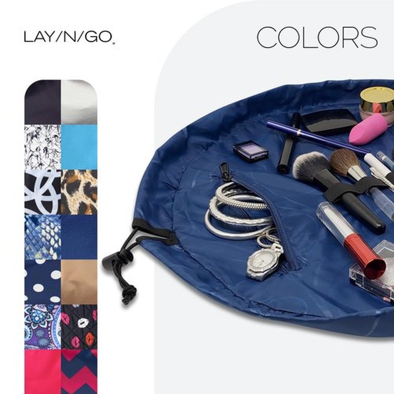Lay-n-Go Cosmo Drawstring Cosmetic & Makeup Bag Organizer - Portable Drawstring Makeup Bag w/Zipper Pocket, Makeup Loops & More - Durable, Machine Washable Makeup Bag for Travel (20”, Navy)