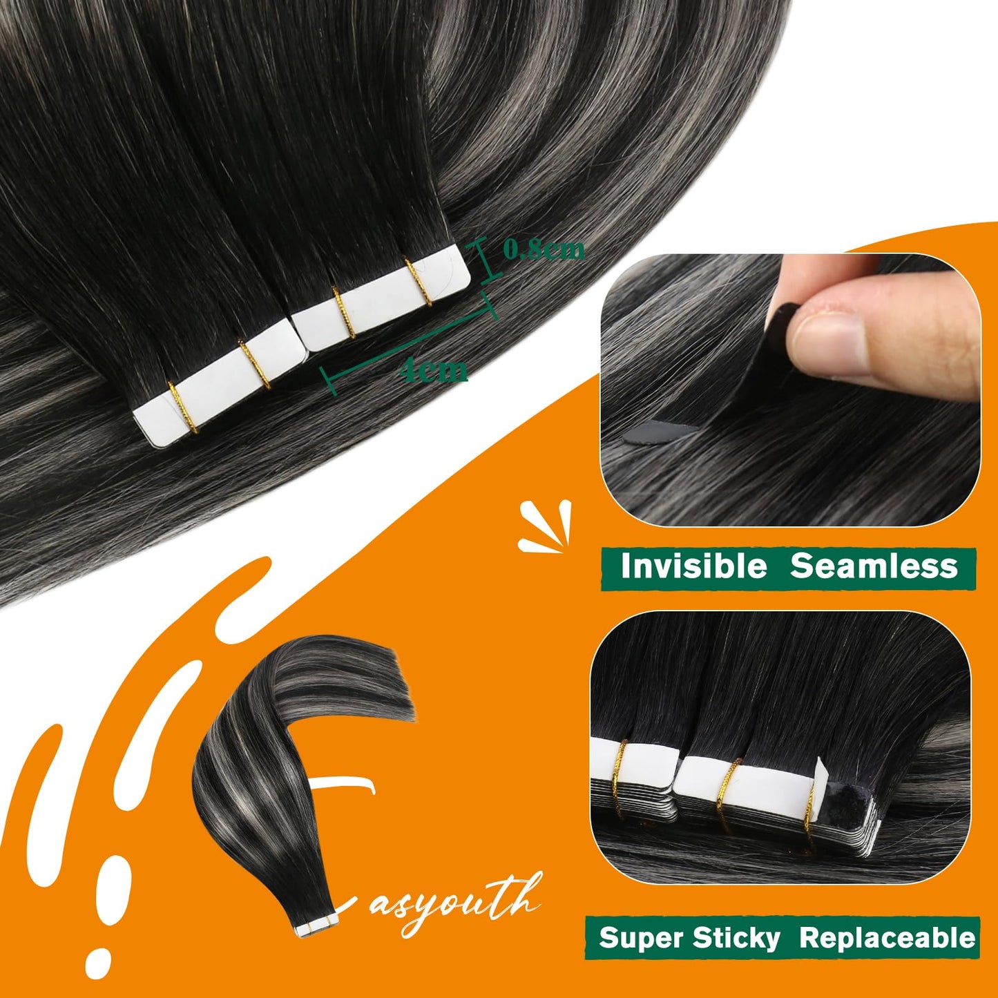 Easyouth Tape in Hair Extensions Black Silver Tape in Extensions Human Hair Ombre Black to Silver Hair Extensions Real Human Hair Tape in Balayage 12 Inch 20Pcs 30g