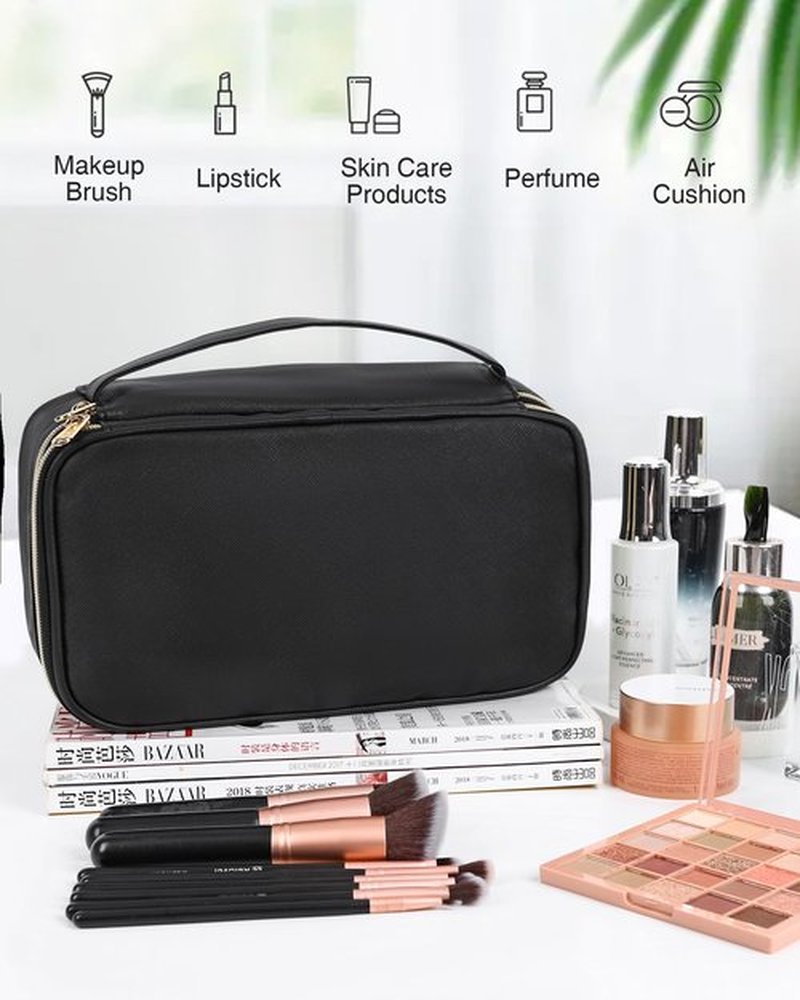 Relavel Large Makeup Bag, Cosmetic Bag with Dividers, 2 Layer Travel Makeup Organizer for Women, Black Makeup Purse Pouch with Brush Holder, Compact Capacity Handbag for Daily Use (Black)