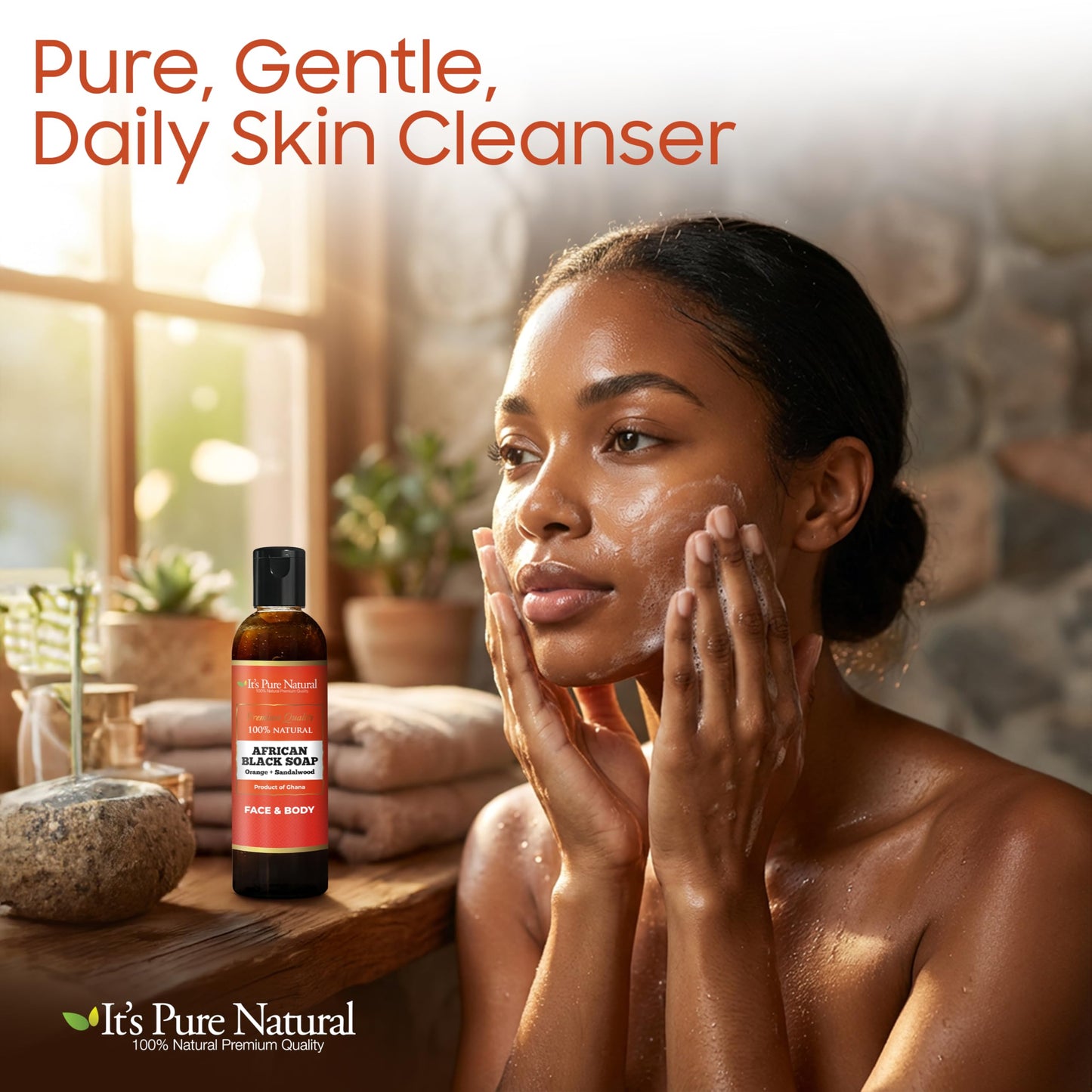 It's Pure Natural African Black Soap, Liquid Form, Traditional Handmade Raw Soap with Shea Butter and Coconut Oil, Face and Body Cleanser, (8oz, Orange + Sandalwood)