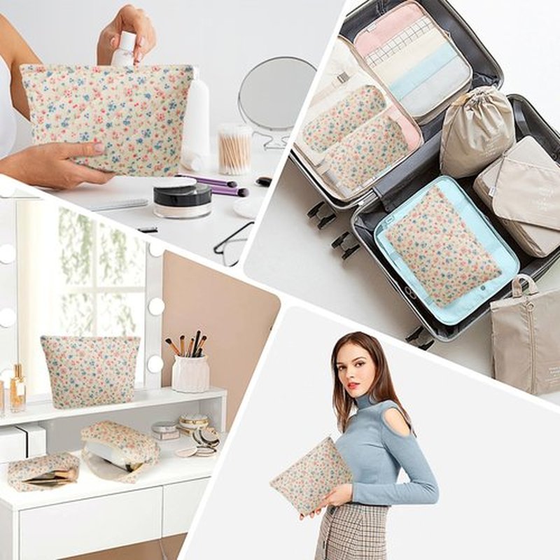 LYDZTION 3Pcs Makeup Bag Set, Large Floral Cosmetic Bag Quilted Makeup Bag Travel Makeup Bag Organizer Cute Makeup Brush Bag Travel Toiletry Bag for Women