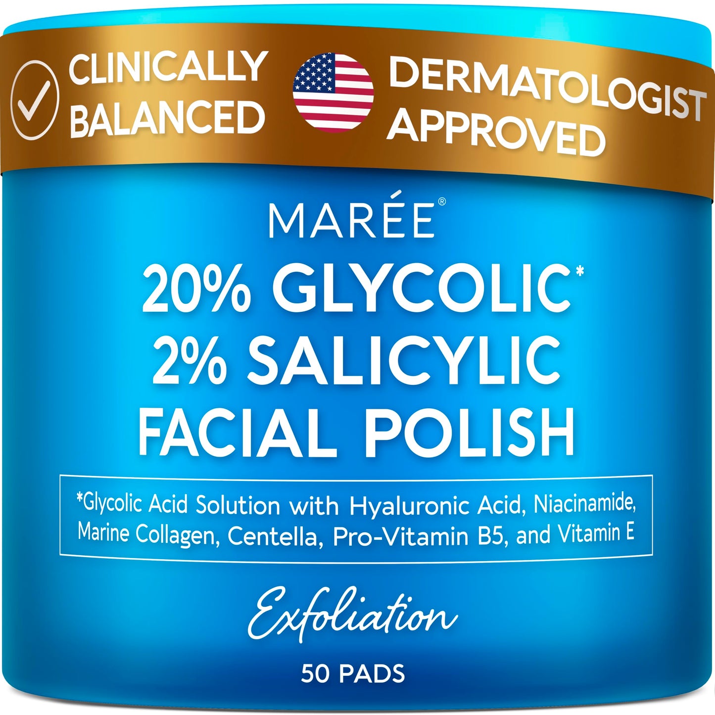 MAREE Glycolic Acid Pads & 2% Salicylic Acid – Toner Pads for Face with 20% Glycolic Acid Solution – Face Exfoliating Pads, Acne Clearing Face Pads – Skin Pore Resurfacing & Radiance Device – 50 Count