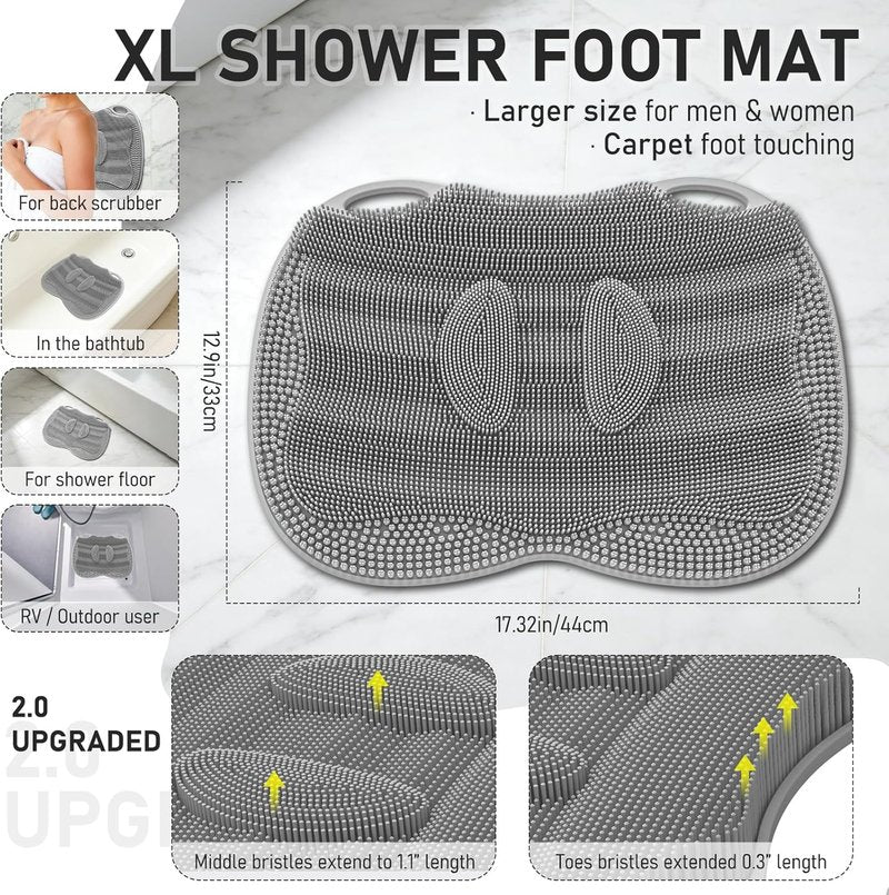 Shower Foot Scrubber Mat - XL Silicone Massage Cleaner with Non-Slip Suction Cups | 17.4x13 Grey