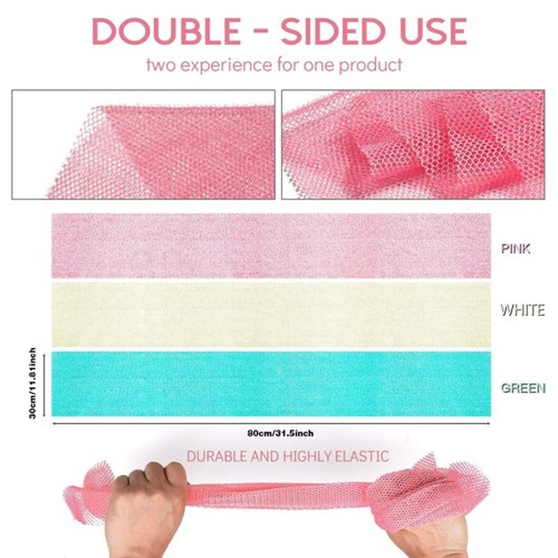 3 Pieces African Net Sponge, African exfoliating net African Net Long Net Bath Sponge Exfoliating Shower Body Scrubber Back Scrubber Skin Smoother（Pink, Green, Off-White）