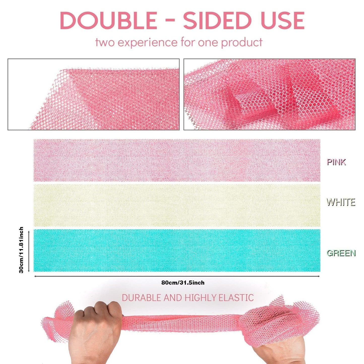 UJFQBH 3 Pieces African Net Sponge, African exfoliating net African Net Long Net Bath Sponge Exfoliating Shower Body Scrubber Back Scrubber Skin Smoother（Pink, Green, Off-White）