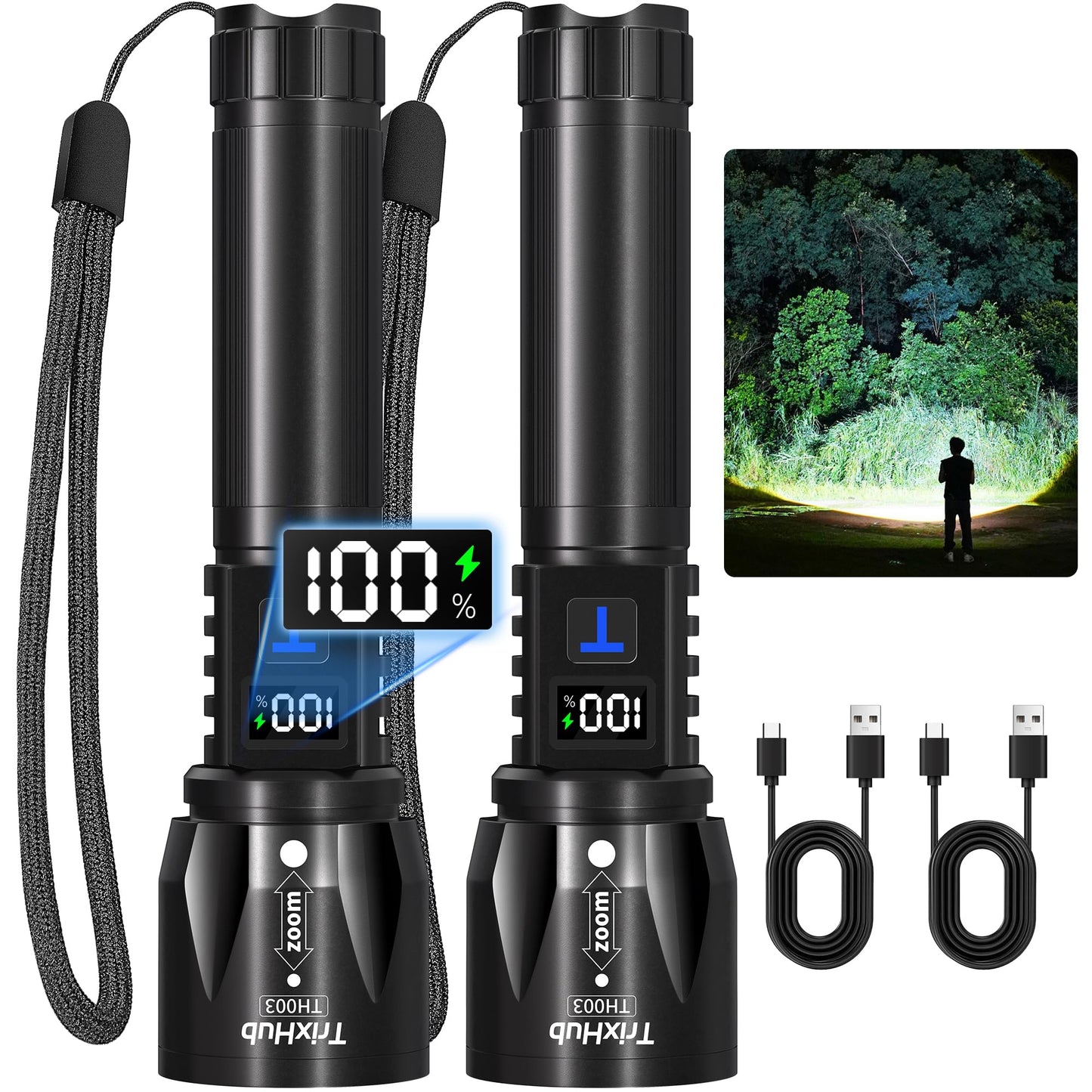TrixHub Rechargeable LED Flashlights High Lumens 2Pack, Super Bright Zoomable Handheld Flash Light with LCD Digital Display, Powerful Emergency Linternas, Waterproof, Long Lasting, for Hiking Camping