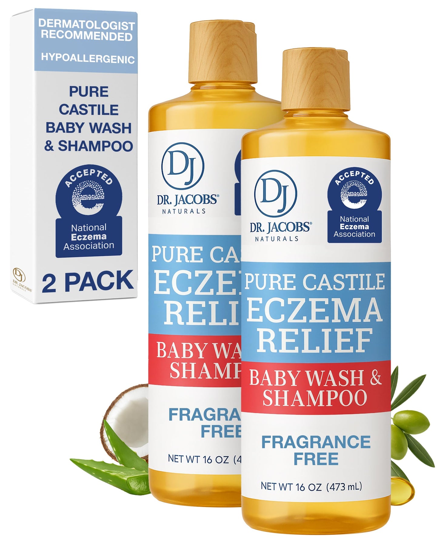 Dr. Jacobs Pure Castile Baby Wash - Effective Body Wash to Relieve Baby Eczema - Gentle Shampoo and Unscented Soap for Sensitive Skin, and Hypoallergenic - 16 oz -2PK