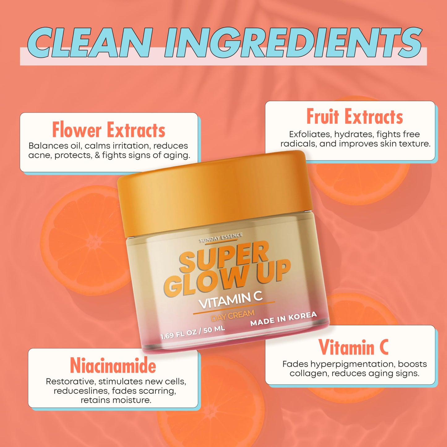 Sunday Essence Vitamin C Day Cream - Dermatologist Tested, Anti- Aging, Korean Skin Care - Hydrates, Evens Skin Tone & Boosts Radiance - Clean Beauty, Vegan, Non-GMO, Cruelty-Free - 1.69 Fl Oz