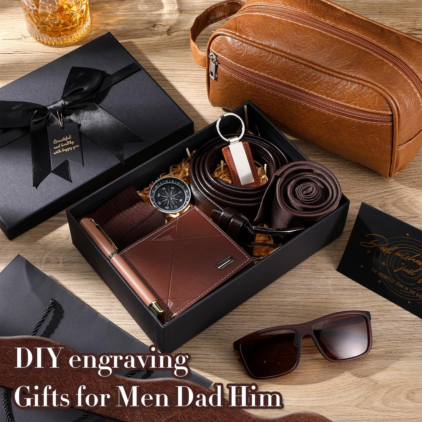Geyoga 12 Pcs Men Birthdays Gift Set with Box for Men Him Basket Thank You Dad PU Leather Wallet Leather Toiletry Bag Tie Socks Belt Keychain Sunglasses Pen Compass Set(Brown)