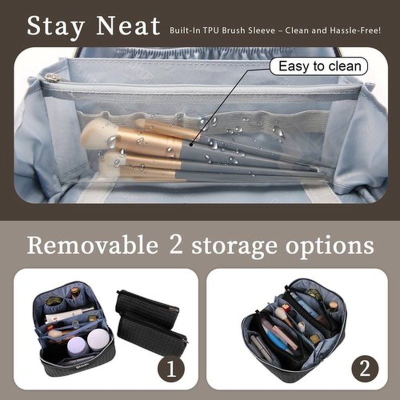 Travel Makeup Bags Cosmetic Organizer Bag: Large Capacity Make up Bag Set of 3 - Vegan Leather Woven Toiletry Bag for Women - Portable Makeup Organizer with Compartments & Handle & Divider Black