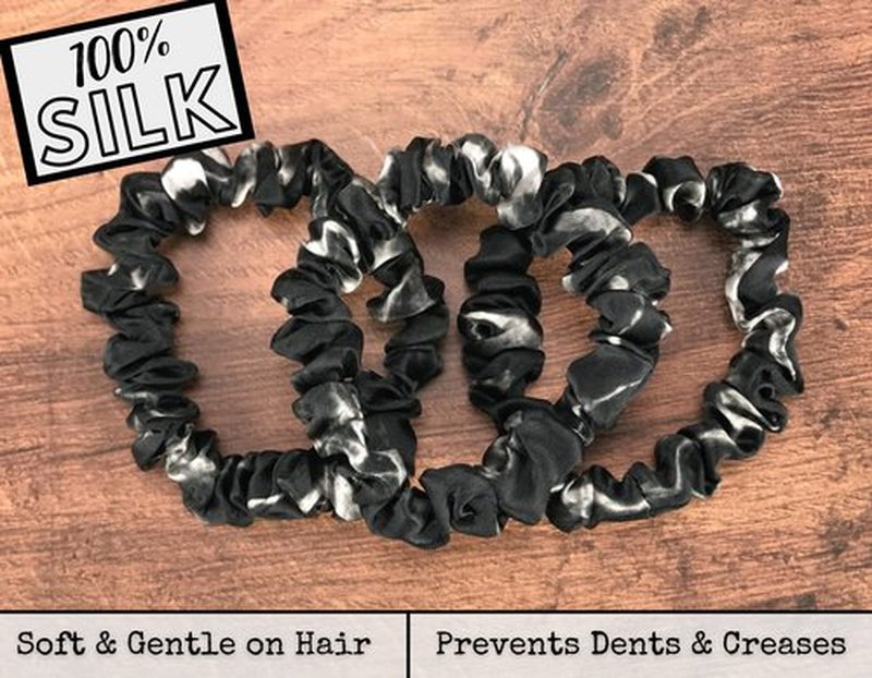 Celestial Silk Mulberry Silk Scrunchies for Hair (Small, Black Marble)