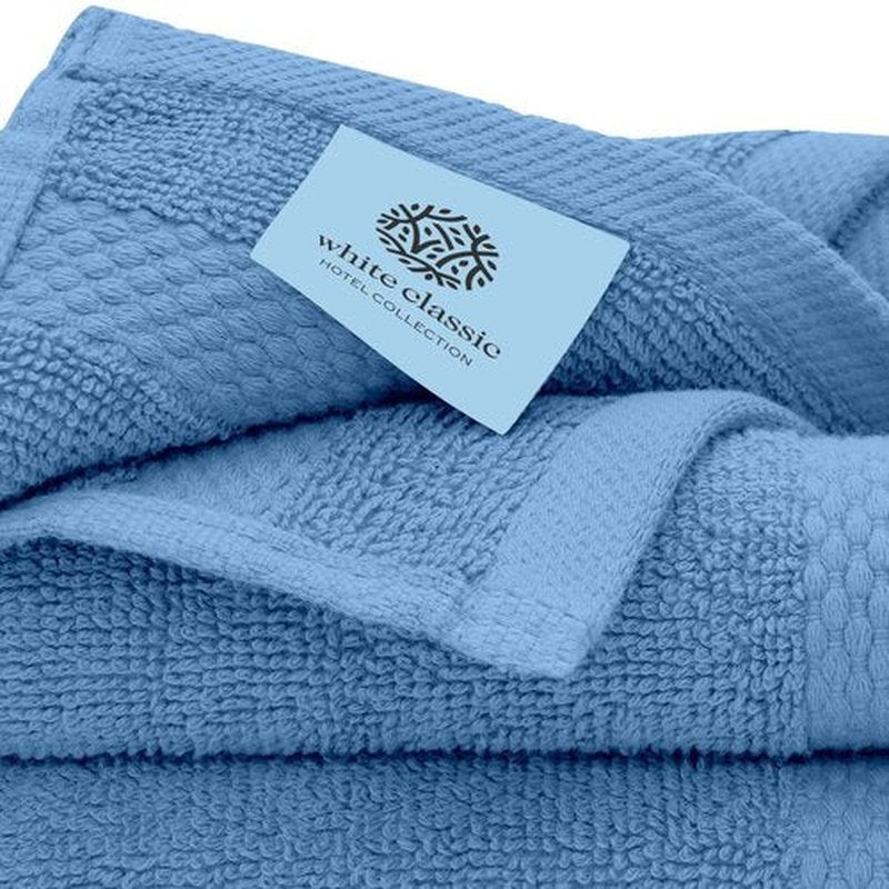 White Classic Luxury Cotton Washcloths - Large Hotel Spa Bathroom Face Towel | 12 Pack | Light Blue