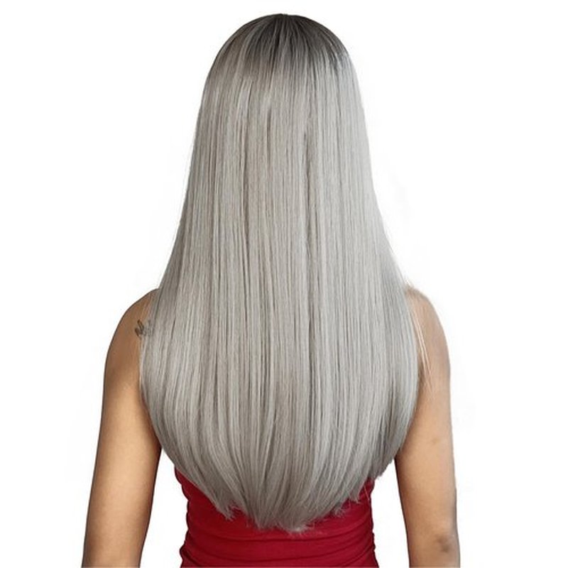ENTRANCED STYLES Ombre Gray Wig with Bangs Long Straight Mixed Gray Wigs for Women Cosplay Wigs for Girl Natural Hairline Heat Resistant Synthetic Wig for Cosplay Halloween Party Daily